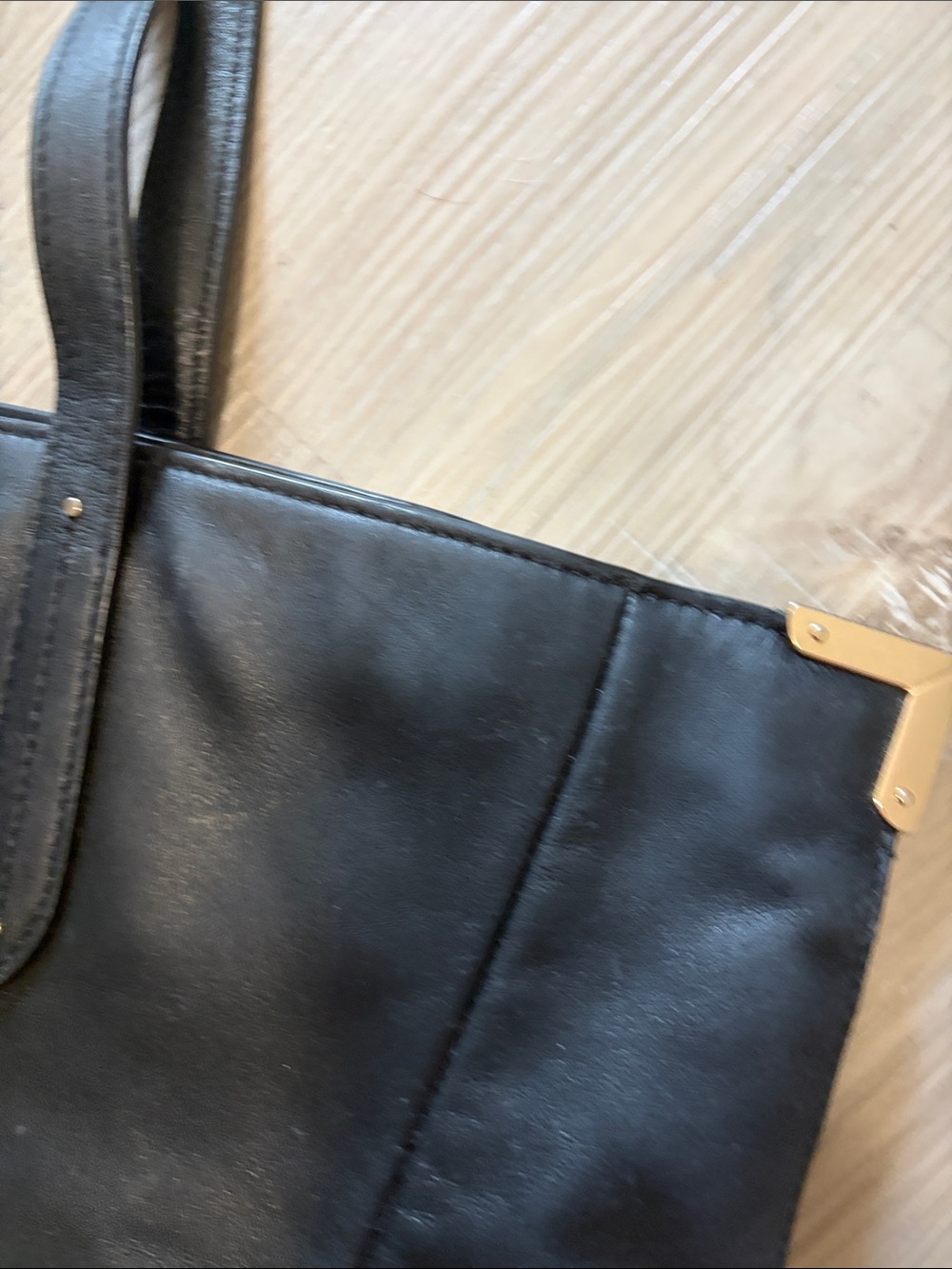 Vintage- Black Leather Tote with Gold Corner Accents - Coach - Picture 4 of 9